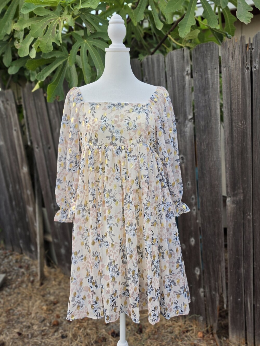 Floral Square Neck Babydoll Mini Dress Small Sheer Puff Sleeve Cottagecore Boho